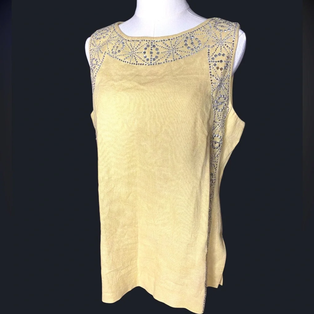 Tory Burch Rhinestone Embellished 100% Linen Sleeveless Tunic Top Size 12